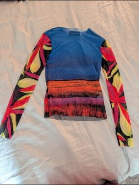 Louisa Ballou Painted Sunset Sheer Mesh Long Sleeve Top Small EUC